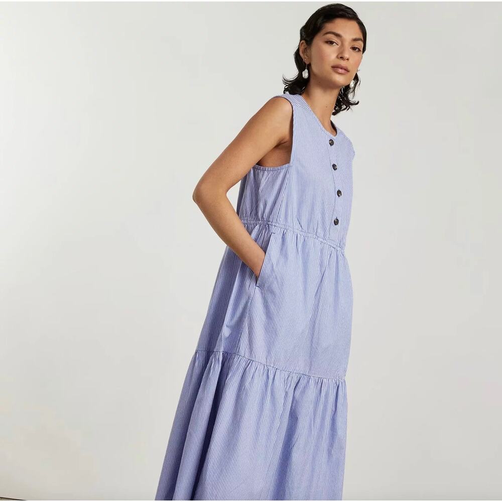 EVERLANE The Tiered Midi Dress Blue White Stripe Sleeveless 100% Cotton Small - Picture 2 of 7